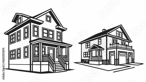 Two distinct residential houses with porches and garages are depicted in a clean black and white line art illustration style