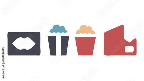 A minimalist flat design illustration featuring a stylized mouth two popcorn buckets and a movie ticket stub on a black background