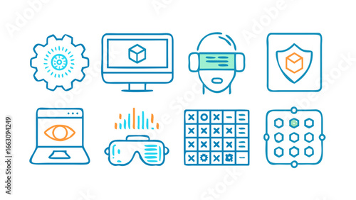 Collection of futuristic digital technology icons representing virtual reality augmented reality gaming and data analysis concepts