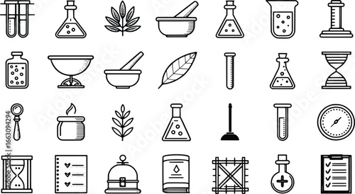 Hand drawn scientific laboratory equipment and symbols collection