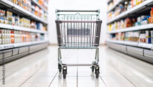Wallpaper Mural A lone metal shopping cart stands centered in a grocery store aisle, with rows of colorful products arranged on softly lit shelves Torontodigital.ca