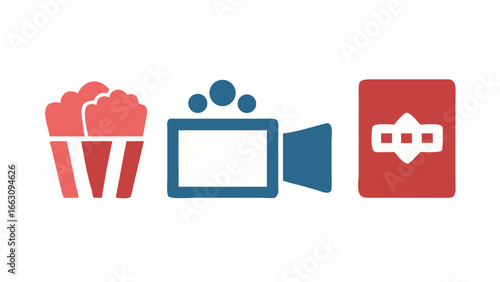 Three simple flat icons representing movie entertainment popcorn a video camera and a ticket on a black background