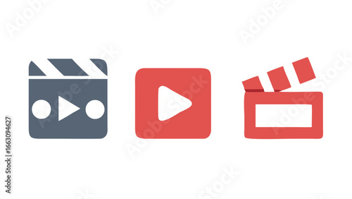 Three distinct modern icons representing video playback and filmmaking including a clapperboard play button and another clapperboard