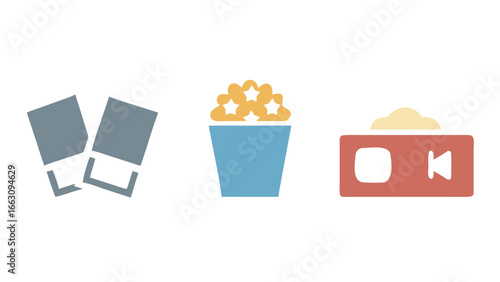 Three simple flat icons representing movie tickets popcorn and a video camera on a black background