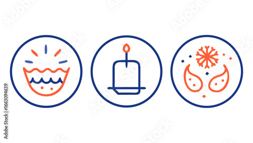 Three circular icons featuring a smiling face with water a lit candle and a snowflake with paisley patterns