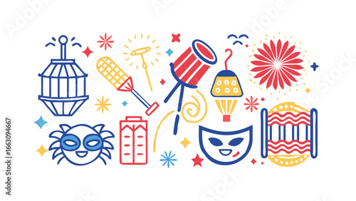 Vibrant collection of festive and celebratory icons including a telescope microphone fireworks and masquerade masks on black background