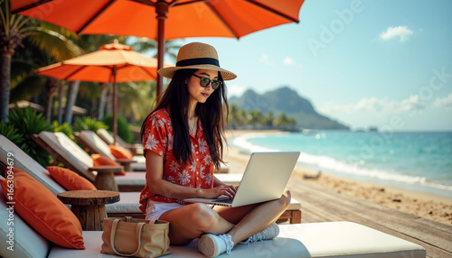 Asian woman working laptop beach