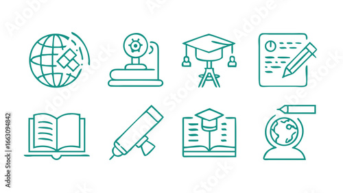 Set of education and learning icons including a globe graduation cap books telescope and writing tools on a black background