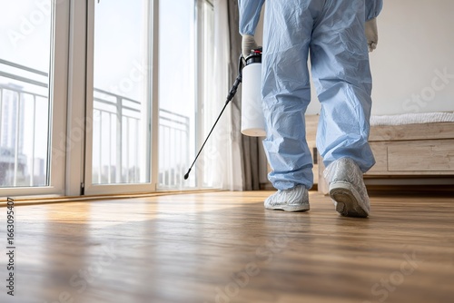 Professional pest control technician treating an indoor space in a residential area during daylight hours