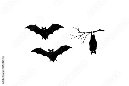 Three bat silhouettes, one hanging from a branch. Perfect for halloween designs or spookythemed projects. Runners, decor, invitations.