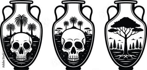Ancient amphora vases featuring skull and tropical landscape silhouettes