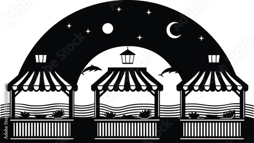 Whimsical night scene with market stalls and crescent moon