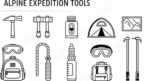 Collection of alpine expedition tools and gear icons