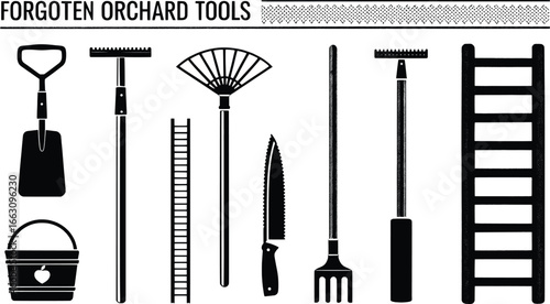 Vintage orchard tools and equipment collection silhouette
