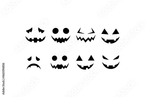 Eight black halloween pumpkin faces perfect for spooky designs, party invitations, social media posts, and halloweenthemed graphics.