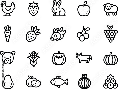 Farm animals and fruits icon set, vegetable and food outline collection, healthy food symbols, agricultural produce vector illustrations, cartoon style