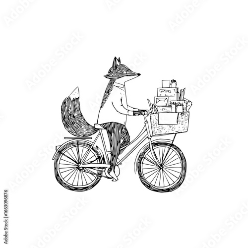 Fox riding bicycle illustration delivering gifts and mail in basket black and white line art drawing