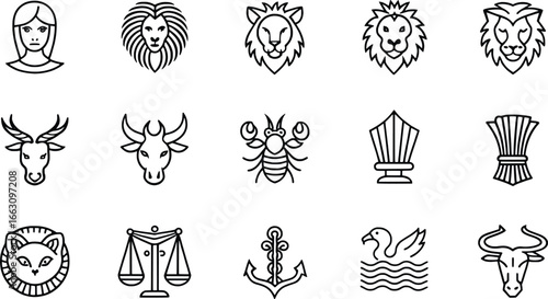 Collection of zodiac signs and astrological symbols hand drawn line art