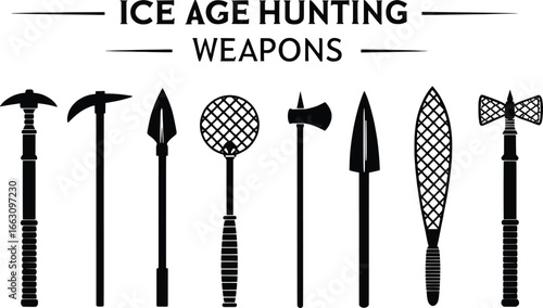 Collection of ice age hunting weapons silhouettes on white background