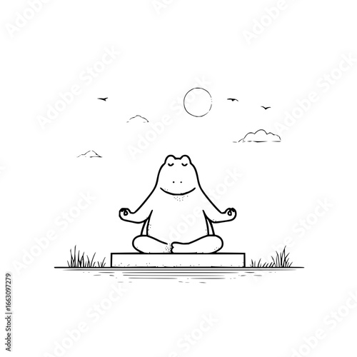 Meditating frog illustration zen yoga pose mindfulness amphibian nature drawing peaceful relaxation wellness