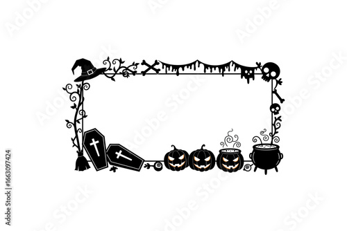 Halloweenthemed frame featuring pumpkins, coffins, and cauldrons, perfect for spooky holiday design projects and festive decorations.