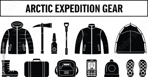 Collection of arctic expedition gear and equipment icons