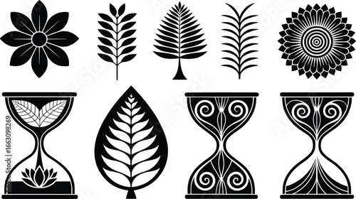 Collection of intricate black and white ornamental design elements and hourglasses