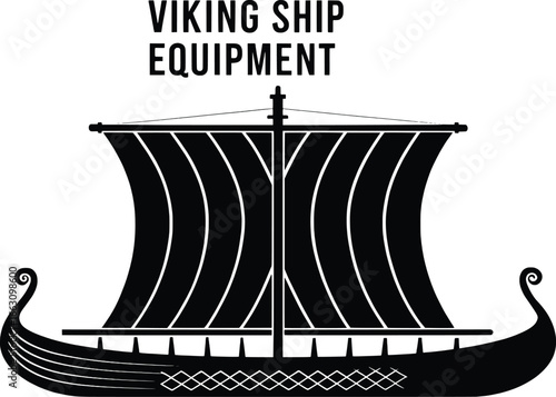 Black and white illustration of a viking longship with detailed sail