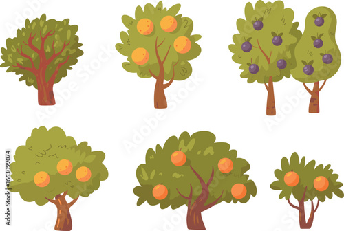 Hand-drawn illustration of fruit trees with oranges and plums, green foliage, orchard garden, fresh fruits, nature, agriculture, farm plants, vector art.