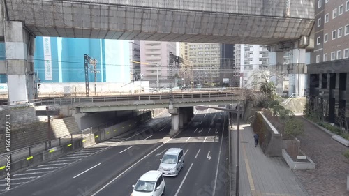 March 9, 2025. Sendai, Miyagi Prefecture, Japan. Traffic around the area and the Tohoku Main Line as seen from the footbridge on Atago Uesugi Street.