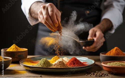 Fototapeta Naklejka Na Ścianę i Meble -  Chef sprinkling spices on a plate, adding flavor to a culinary creation