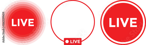 Live streaming red icon set. broadcasting buttons. social media channel. online stream icons

