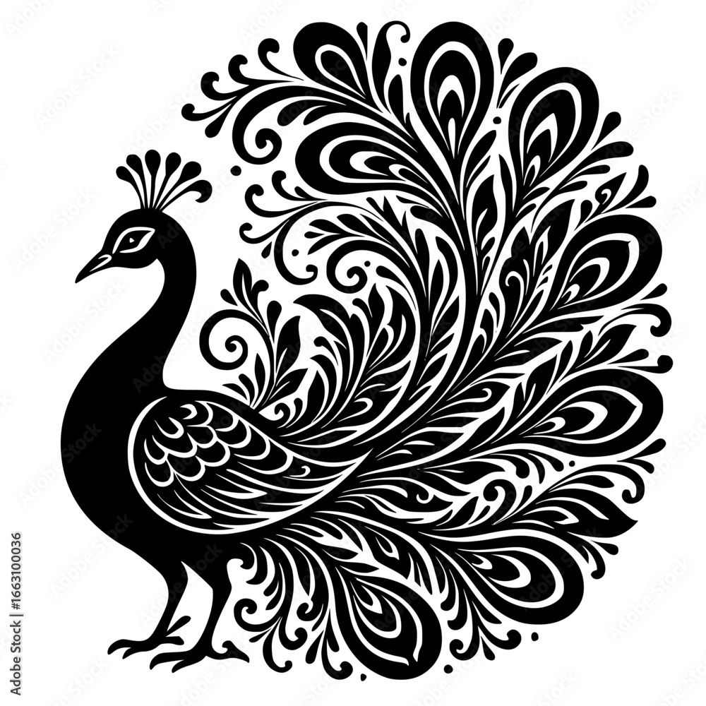 Fototapeta premium Elegant peacock illustration with intricate feather details, perfect for design and branding
