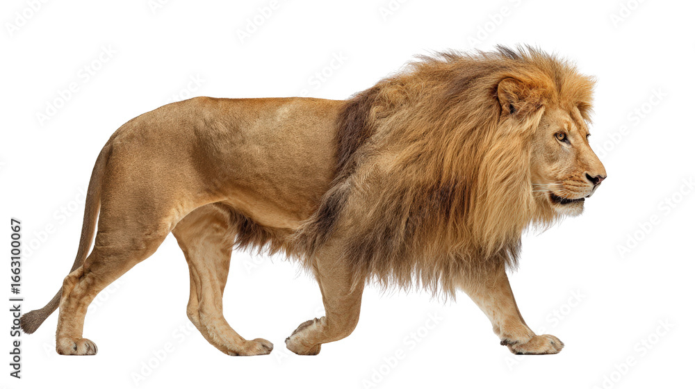 Obraz premium Lion in mid-step with tail swaying gracefully isolated on a Transparent background, PNG file.