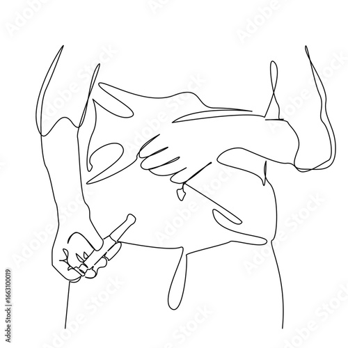 One continuous single drawing line art flat doodle medicine, abdomen, syringe, insulin, woman, diabetes, stomach, hormone. Isolated image hand draw contour on a white background, hand drawn, not AI
