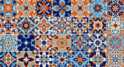 Intricate geometric tile pattern with blue, orange, and white floral motifs