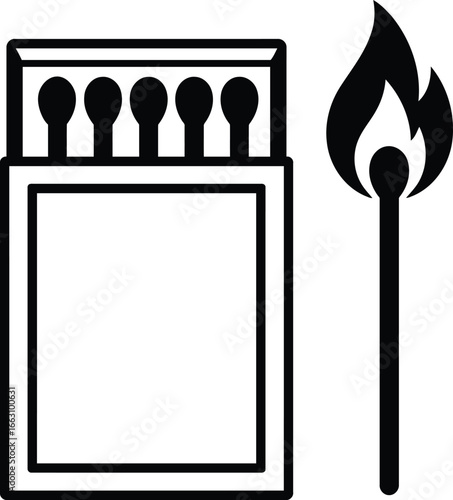 Black and White Matchbox with Burning Match Icon