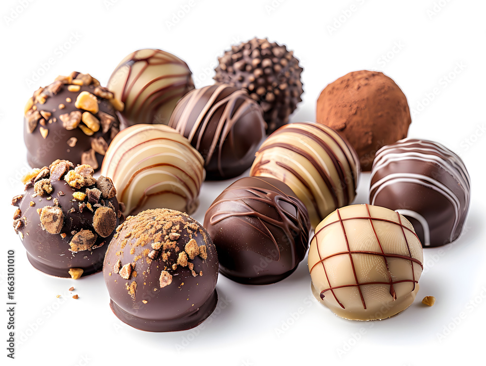 Fototapeta premium High resolution high clarity image of Assorted gourmet chocolate truffles delicious dessert isolated on transparent backgroundAssorted gourmet chocolate truffles delicious dessert isolated on transpar