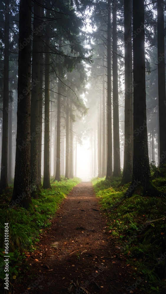 Fototapeta premium Foggy mysterious forest path with tall pine trees, cinematic atmospheric light