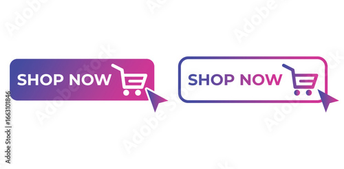 Shop now buttons. Set of shop now buttons with cart icon. Buy now button for online shop. Call for action buttons. Modern colorful buttons for website design. Vector illustration.