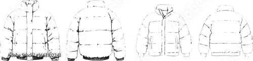 A flat illustration of a puffer jacket template, front and back view, in a line drawing style on a white background, in a vector style.eps