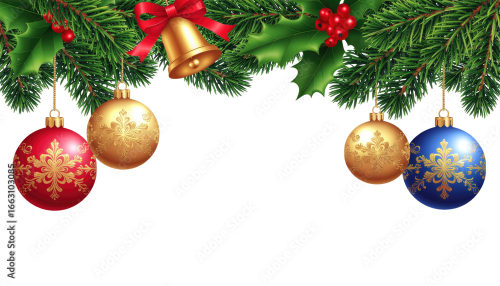 Fototapeta premium Christmas corner decoration with festive ornaments and holiday greenery isolated on white background