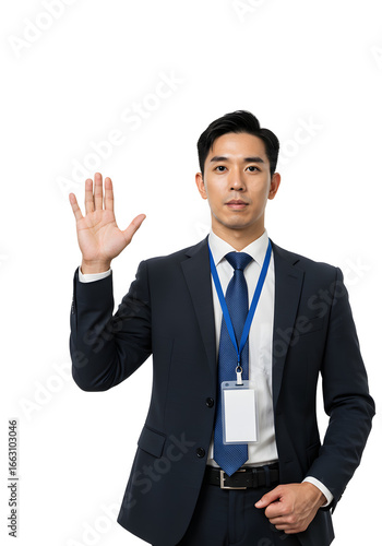 Man in suit raising hand as oath taking gesture