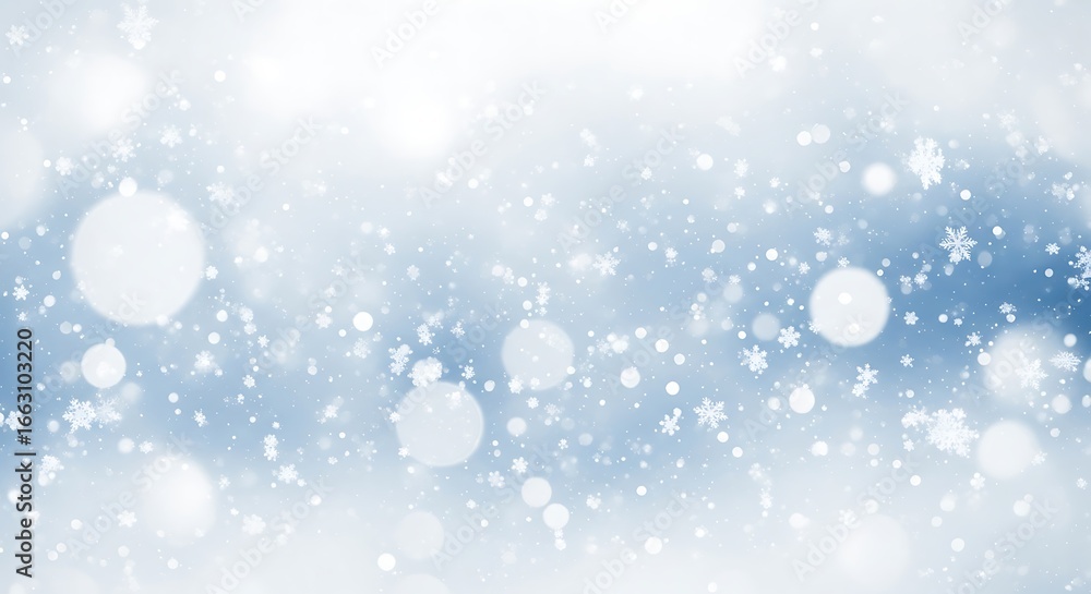 Fototapeta premium Abstract blue winter background with glittering bokeh lights and swirling snowflakes for a festive holiday celebration