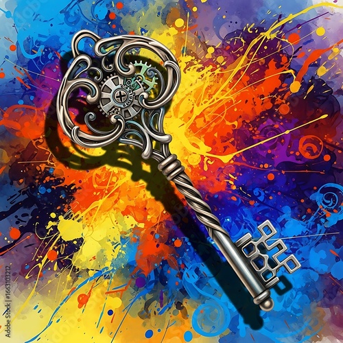 Ornate key on vibrant background