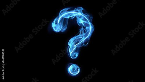 Mysterious Inquiry: The form of a question mark, formed with glowing blue smoke against a contrasting black background, beckons with a sense of wonder and suspense.