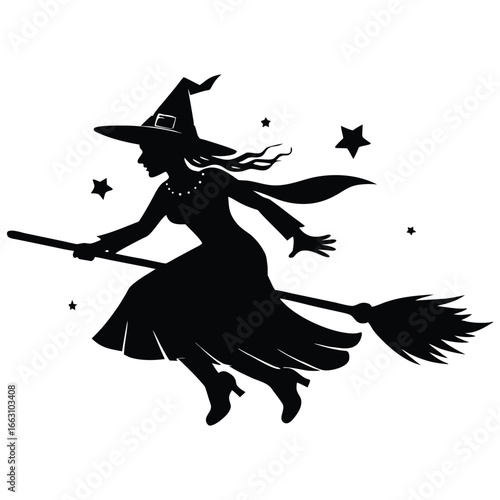 Flying Witch on a Broomstick. Silhouette of a witch flying on a broomstick