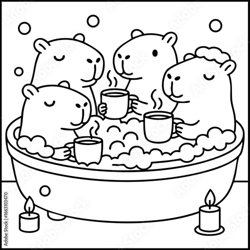 Cute capybaras relaxing in a hot bath with tea cups, candles, and bubbles. Cozy coloring page for kids and adults.
