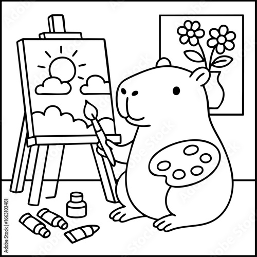 Artistic capybara painting on canvas with brushes and palette. Fun and creative coloring page for cozy moments.