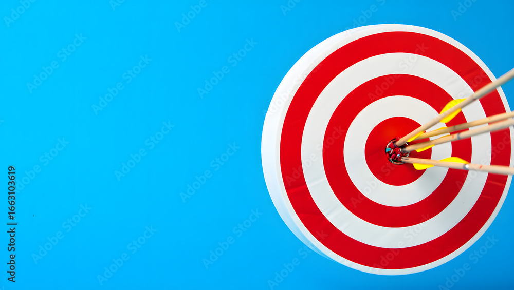 Bullseye Precision: Capturing the essence of accurate targeting, this image showcases arrows precisely hitting the bullseye on a vibrant red and white target, against a cool blue background. Bullseye Precision: Capturing the essence of accurate targeting, this image showcases arrows precisely hitting the bullseye on a vibrant red and white target, against a cool blue background.